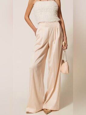 Anthropologie Champagne Silk Look Wide Leg Pants XS Pleated Palazzo Trousers